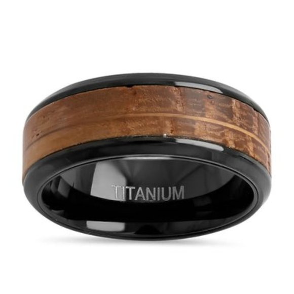 Titanium Black and Whisky Barrel Wood 8mm Band Ring - Picture 3 of 4